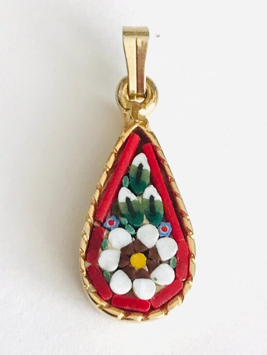 Vintage Jewelry - Micro Mosaic Pendant Gold Tone Flower Red